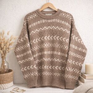 Gaeltarra Irish Wool Sweater Brown Fair Isle Nordic Knit Chunky Pullover SZ 44 L
